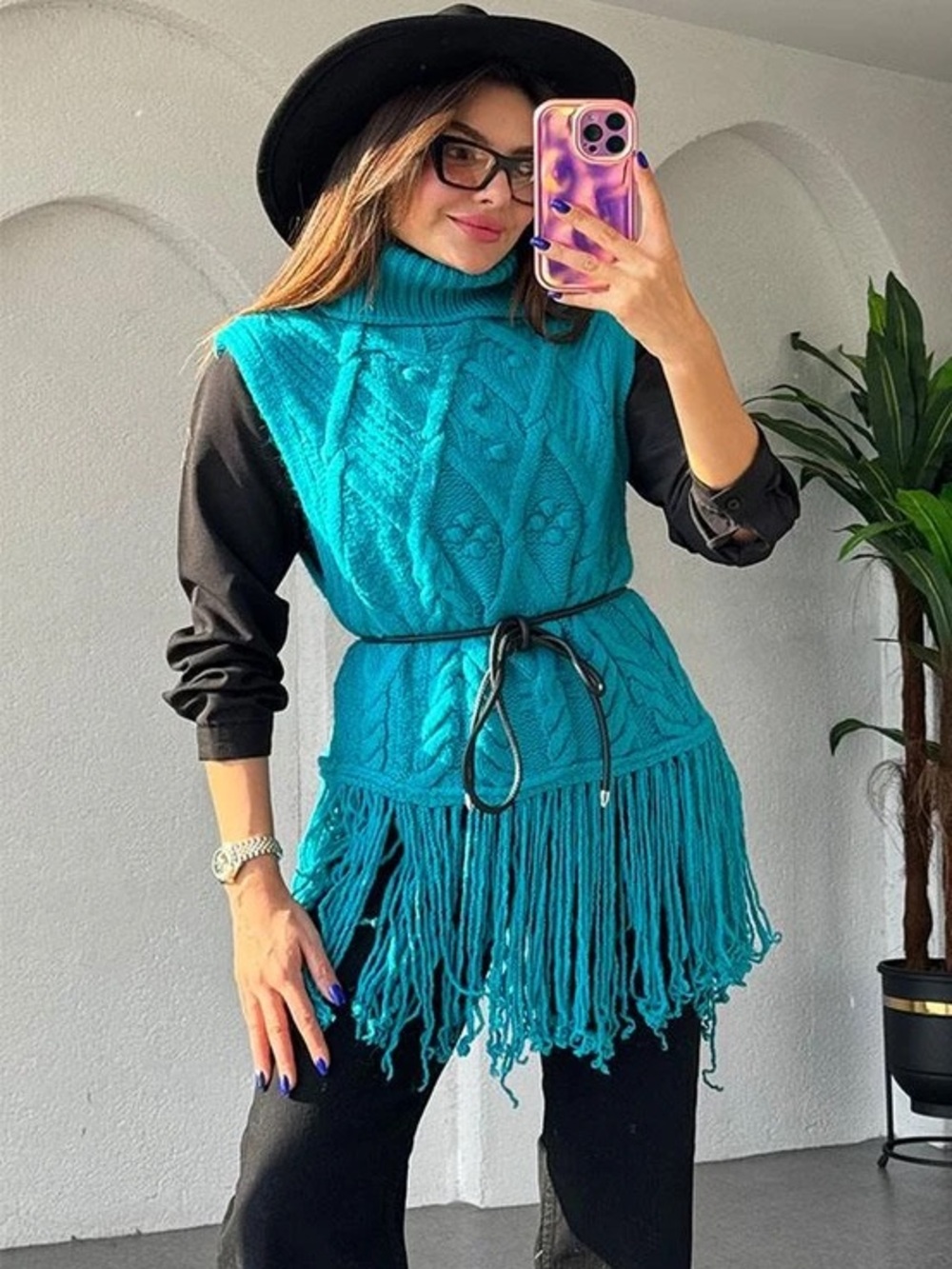 ZARA NWT BLOGGER FAVE Turquoise Teal Cableknit Fringe Turtleneck Vest Knit Top